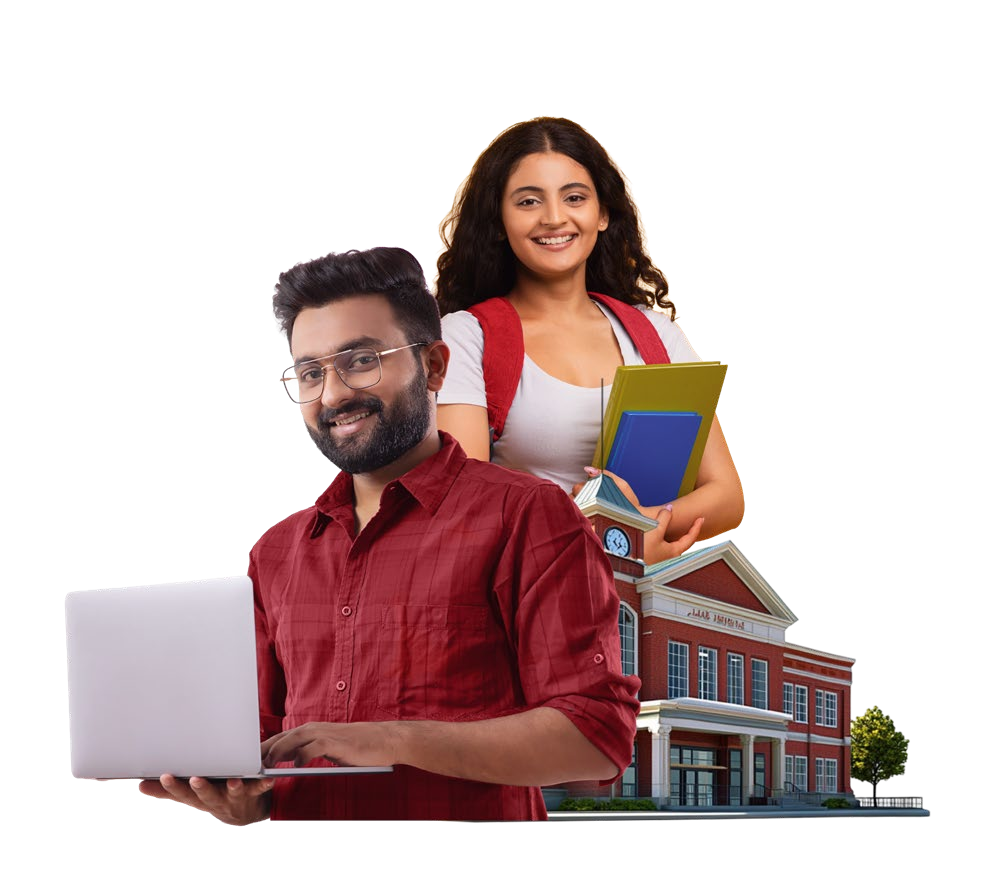 Students with a laptop and books, with a campus building in the background