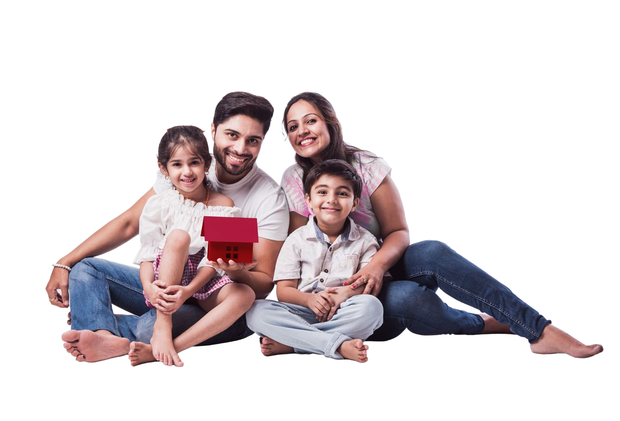 Indian family smiling together; father holding a small red model house
